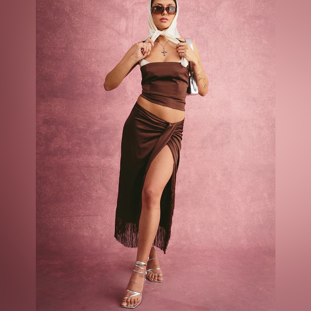 Vague Studio Set SILKY TUBE TOP IN CHOCOLATE & SILKY FRINGE SKIRT IN CHOCOLATE